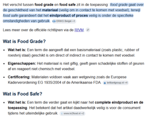 verschil tussen food grade en food safe.